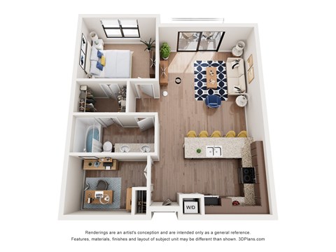 A 3D floor plan of a small apartment with a kitchen, living room, and bathroom.